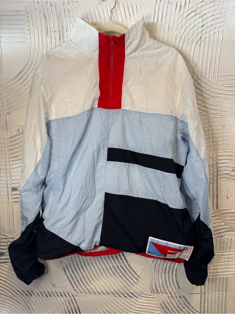Light Blue, White & Black Colorblock Windbreaker Jacket with Red Accents